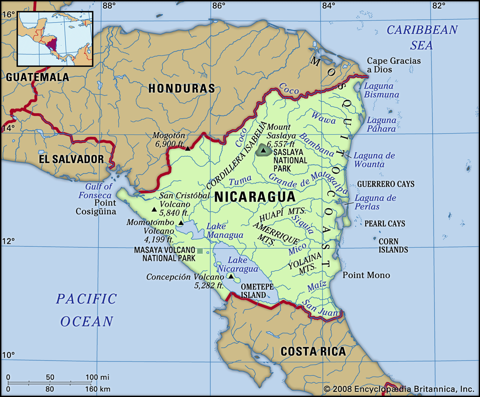 GEO. Nicaragua. Detailed view of country.